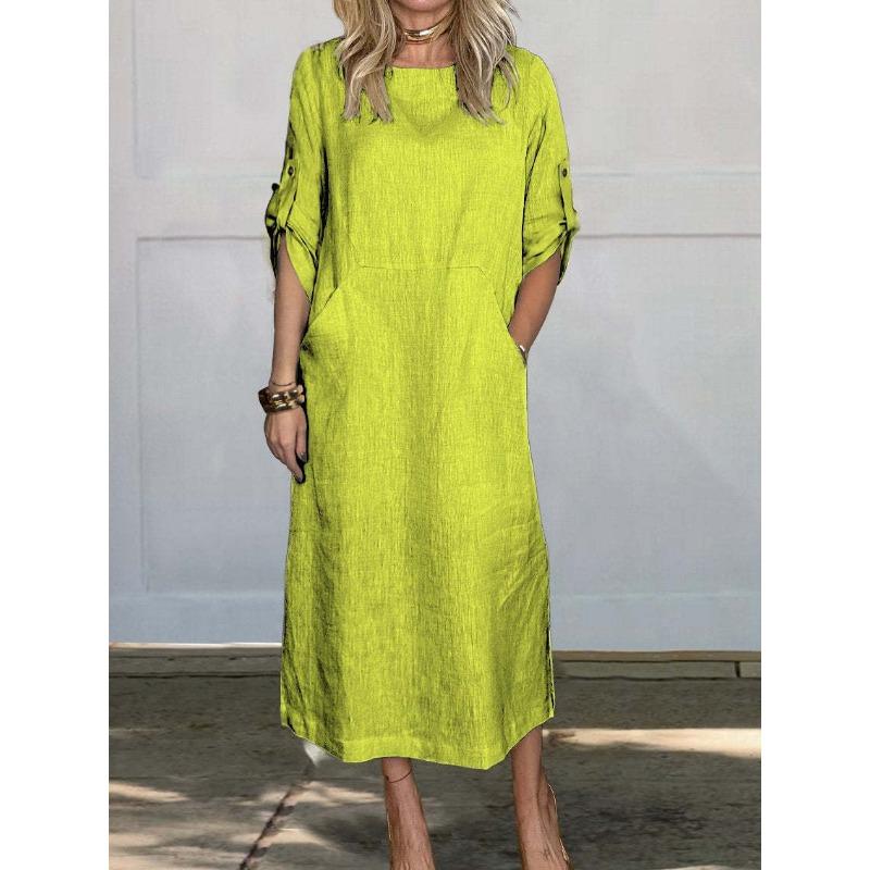 Casual Fashion O Neck Short Sleeve Women Dress Elegant Solid Color Loose Simple A-line Party Dresses Female Plus Size Pockets Spring Summer Clothing