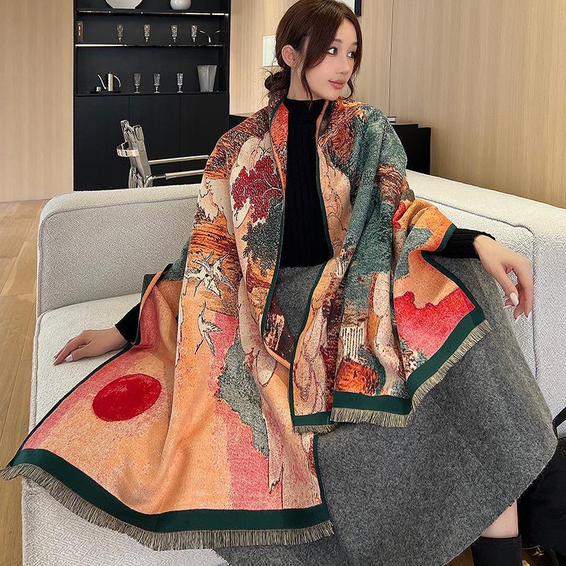 Ethnic Style Landscape Oil Painting Scarf - Autumn/Winter Fashion for Female Students, Warm Imitation Cashmere Shawl