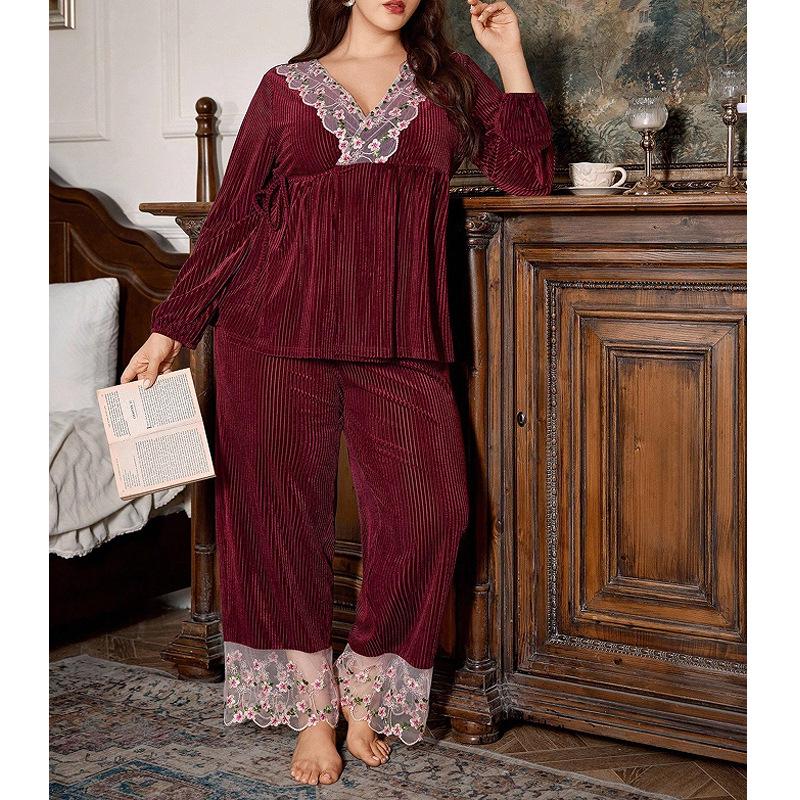 

Женский кружевной комплект пижамы большого размера с V-образным вырезом - Осень/Зима, с длинным рукавом и брюками M бордовый