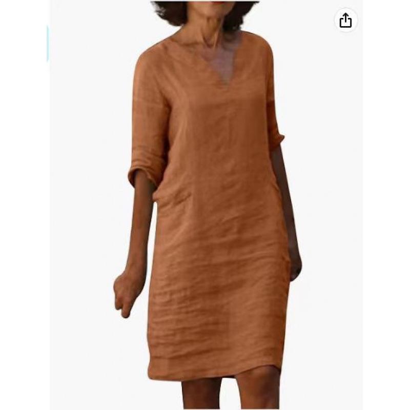 European-American Autumn Patchwork Cotton Linen V-Neck Dress, Women's Retro Solid Color, 3/4 Sleeve.