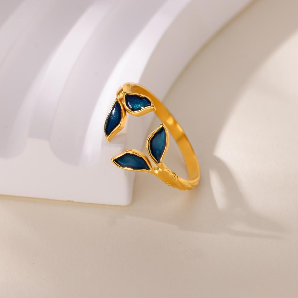 Edelstahl Grüne Blatt Wellenringe 18K Vergoldet Anti-Fading Offener Ring für Damen Hochzeits Schmuck Urlaubs Accessoires Geschenk
