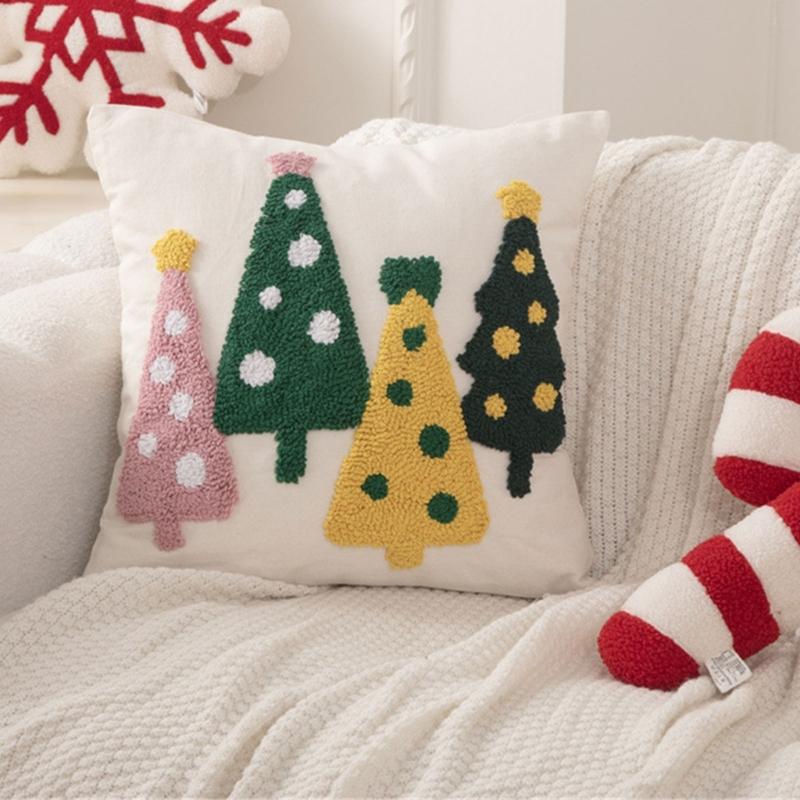 Festival Cotton Linen Cushion Cover With Christmas Tree Designs Soft Sturdy Pillowcase For Home Decoration