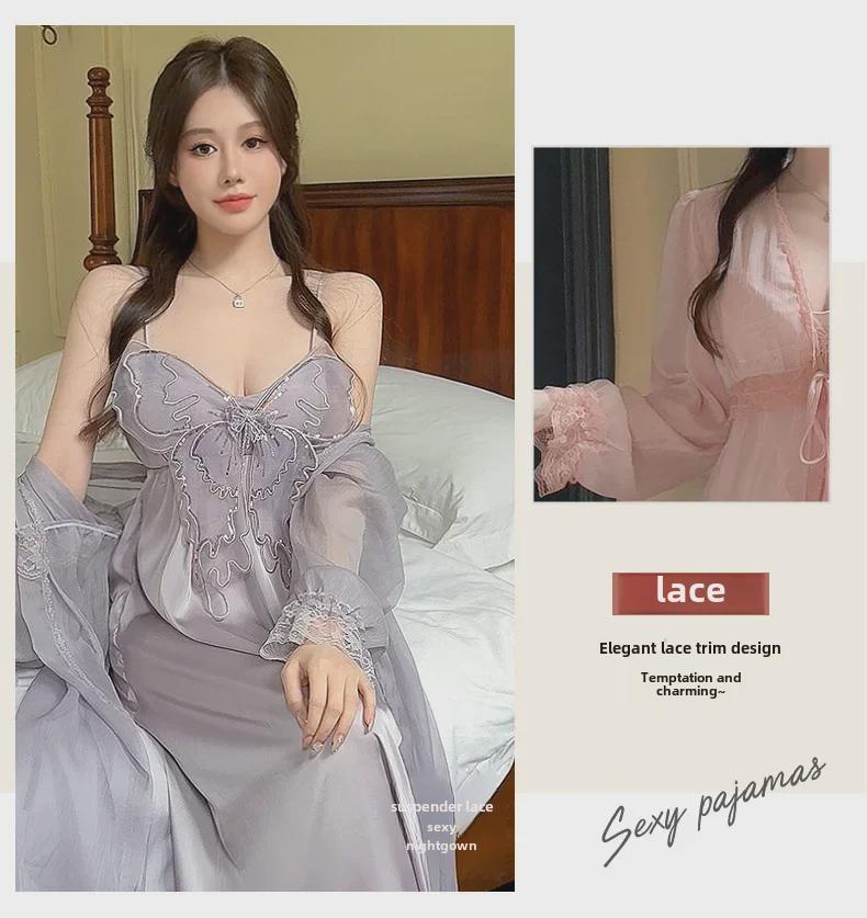 Women's Sexy Large Size Silk Suspender Pajama Set with Butterfly Crystal Sequins & Chest Pads