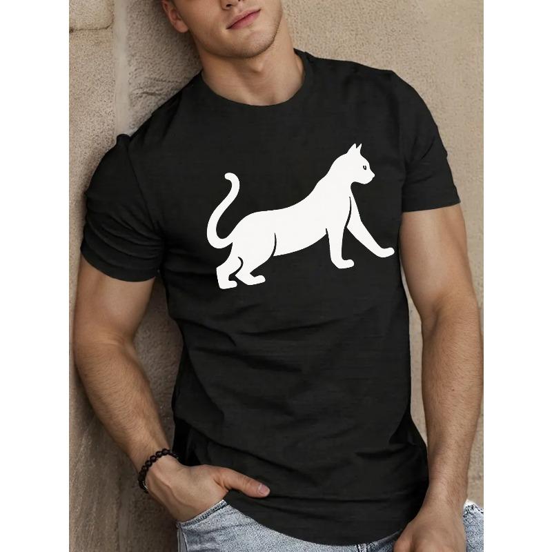 

Men S Summer T-Shirt Featuring The Outline of a Cat Stretching Round Neck, Relaxed Fit, Oversized, Cool, Casual, and Fashionable 4XL чорний