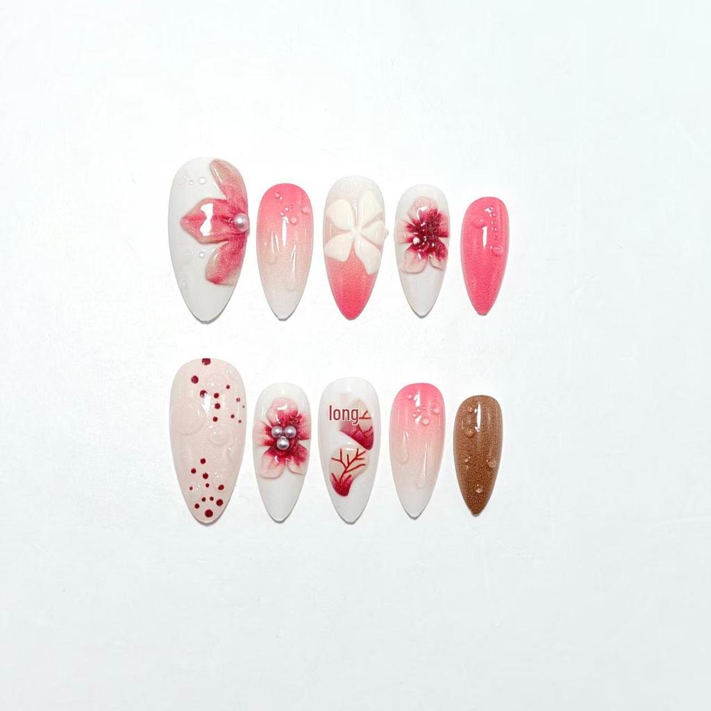 3D Floral Wearable Fake Nails - Medium Almond Shape