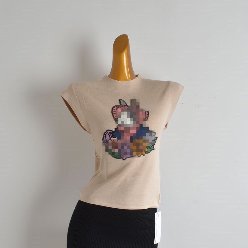 Pure Desire Rabbit Embroider Flying Sleeves Knitwear Female Summer Silm Figure Flattering Back Strap T-shirt Tops