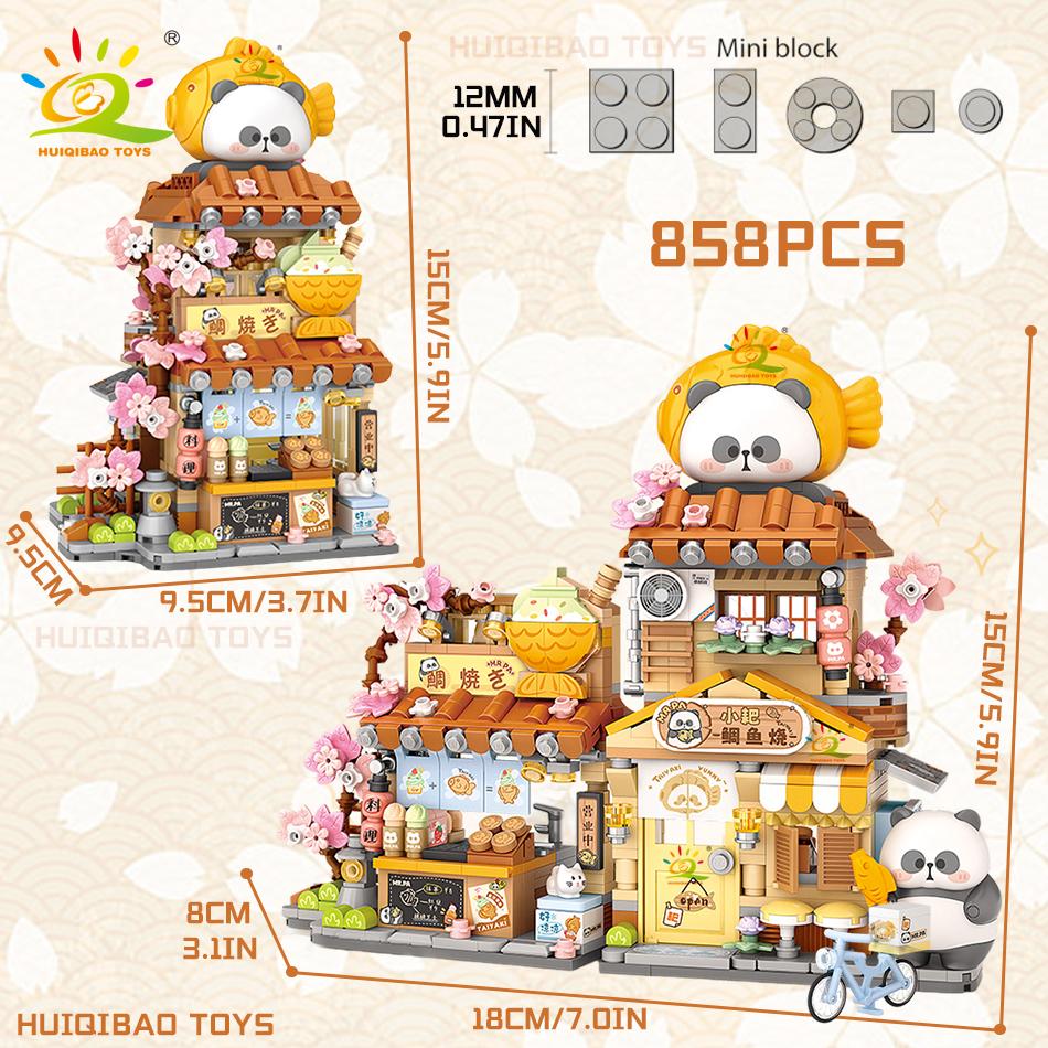 Non-Toxic City Mini Street View Panda Taiyaki Restaurant Model Building Blocks Diy Bear Coffee Shop Decorative Bricks Toys Adult