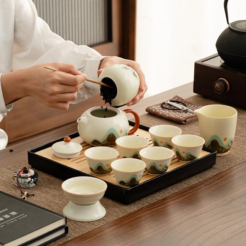 Ceramic travel portable car express cup retro national style Qingshan Ru kiln home tea set gift box