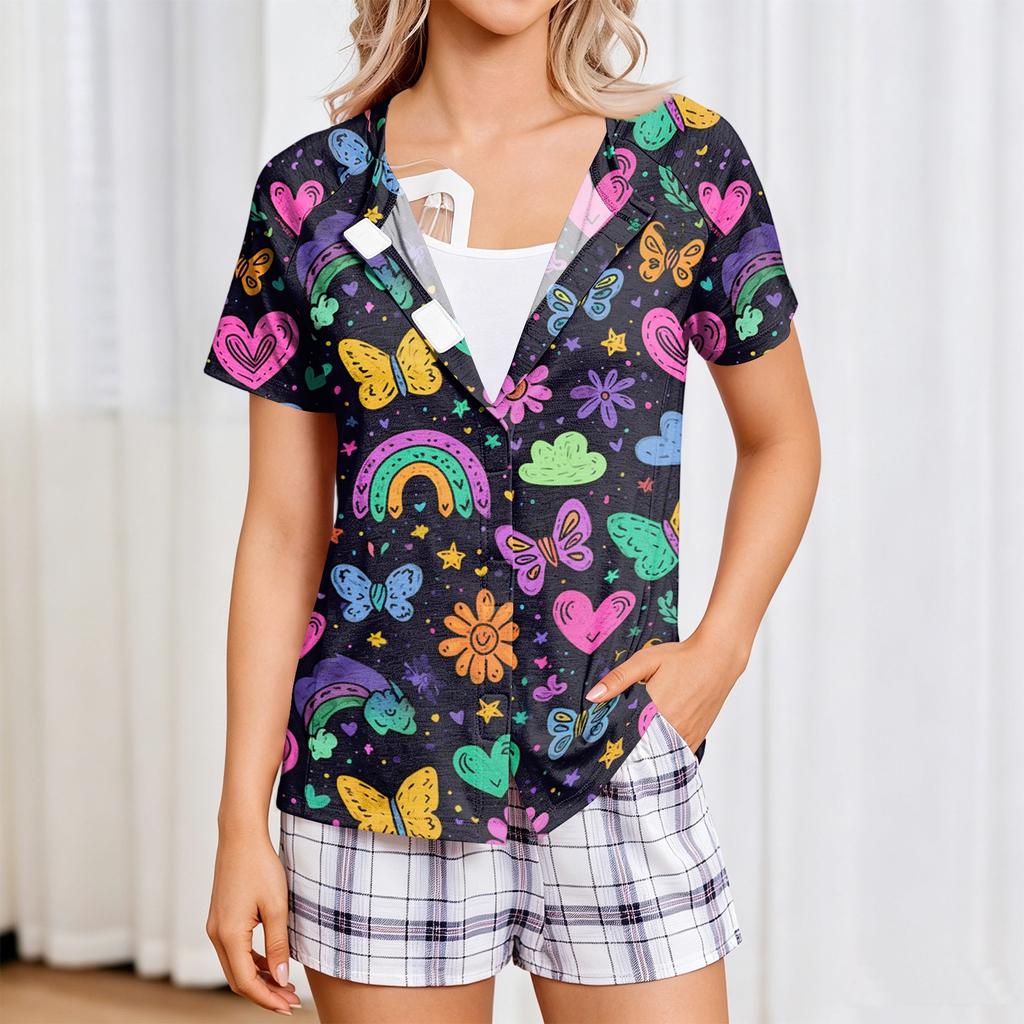 Damen Post-OP Kurzarmhemd Vier Taschen Knopfleiste Cartoon-Print Bequeme Passform Medizinische Genesungs-Top