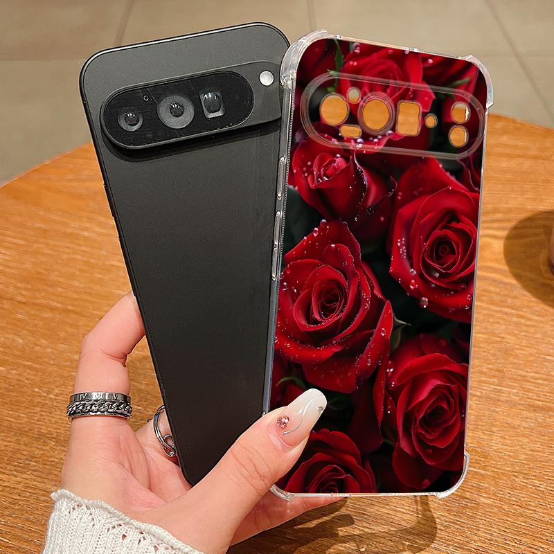 Scarlet Red Rose Flower Pattern Case For Google Pixel 9 Pro XL 9A Shockproof TPU Silicone Clear Soft Cover