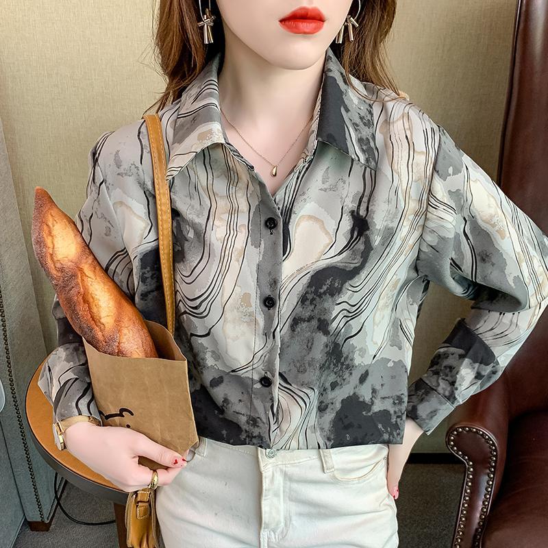 Spring and Autumn Women's Shirt Lapel Shirt Loose Vintage Tie-dyed Shirt Long-sleeved Printed Chiffon Shirt