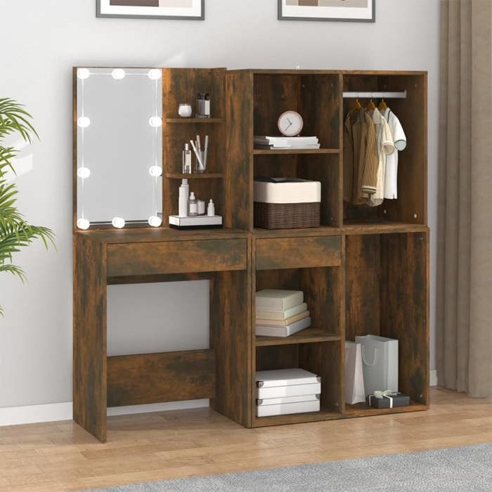 VidaXL LED Vanity Table with Cabinets Smoked Oak Engineered Wood 3120188