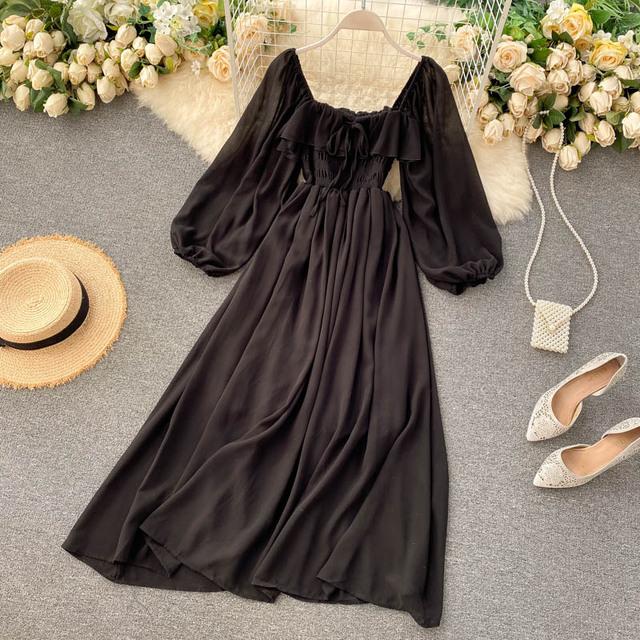 Šik Elegantní Maxi šaty s čtvercovým výstřihem Dámské Jednobarevné Šifonové Šaty s nafouknutými rukávy Korejská Móda Vintage Volánkové Vestidos