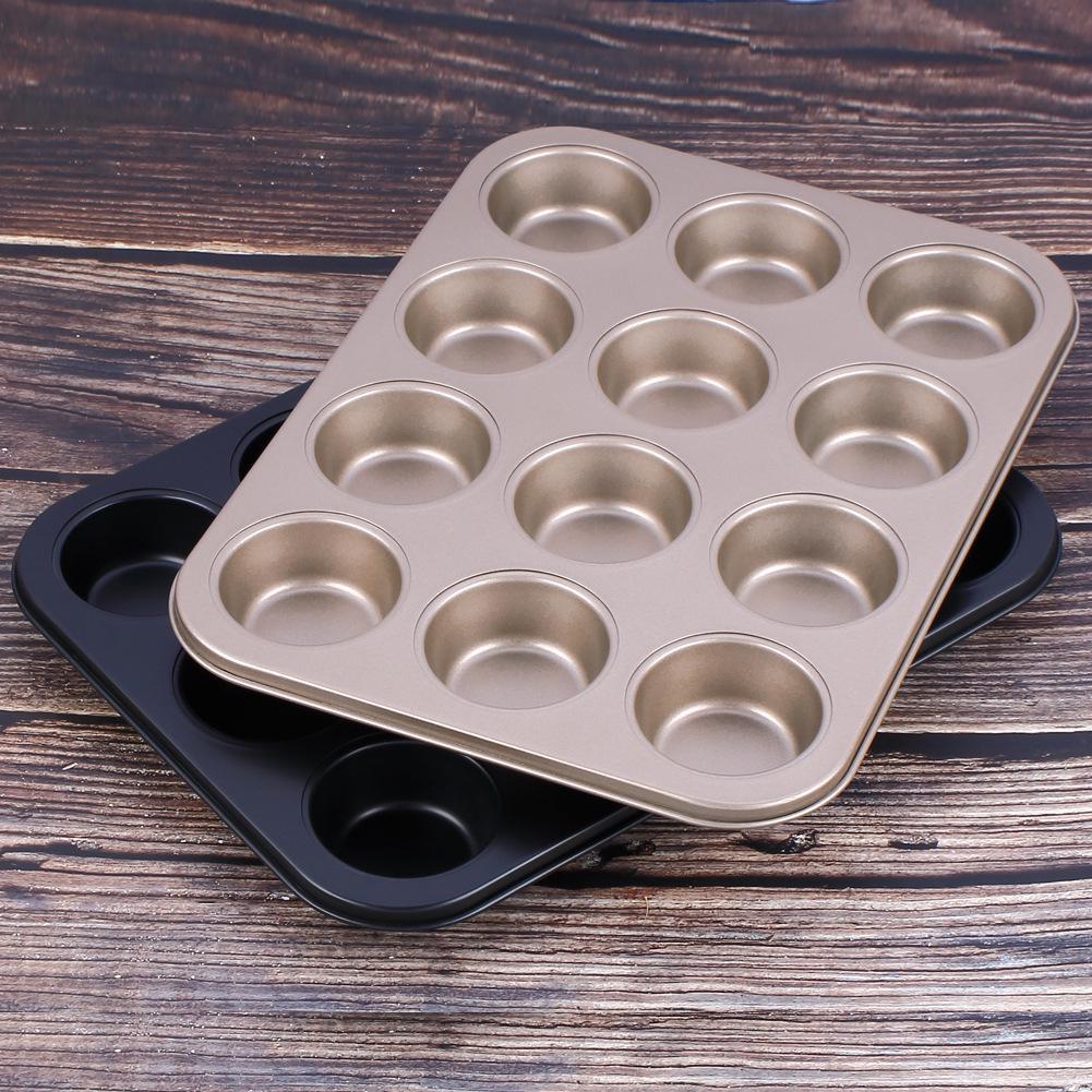 12 Cups Muffin Bun Cupcake Baking Bakeware Gold Black Non-Stick Carbon Steel Tray Cup Cake Mold