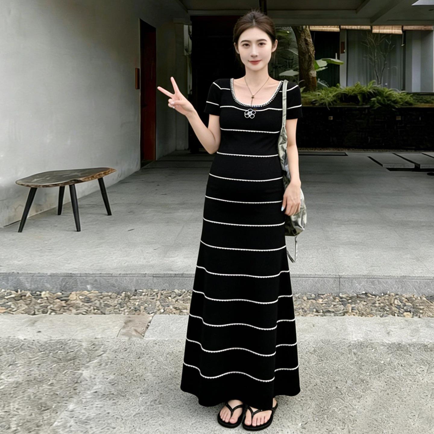 2026 Summer French Chic Black & White Striped Slim Dress XL