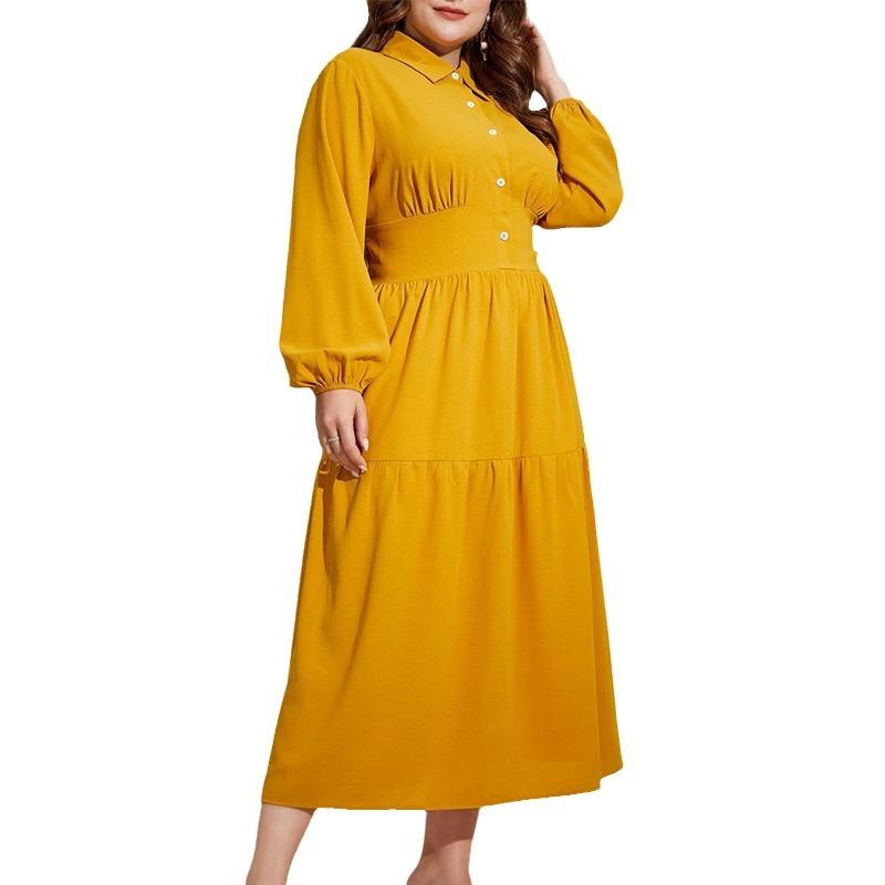 Plus Size Women's Dress Autumn Simple Temperament Back Elastic Waist Long Sleeve Dresses