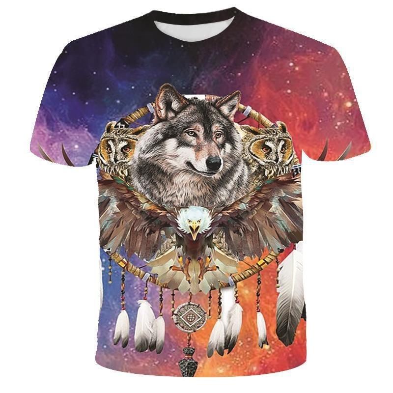 Summer New Wolf Pattern Digital Printed Short Sleeved Men's T-shirt Round Neck Slim Fit Couple Base Shirt