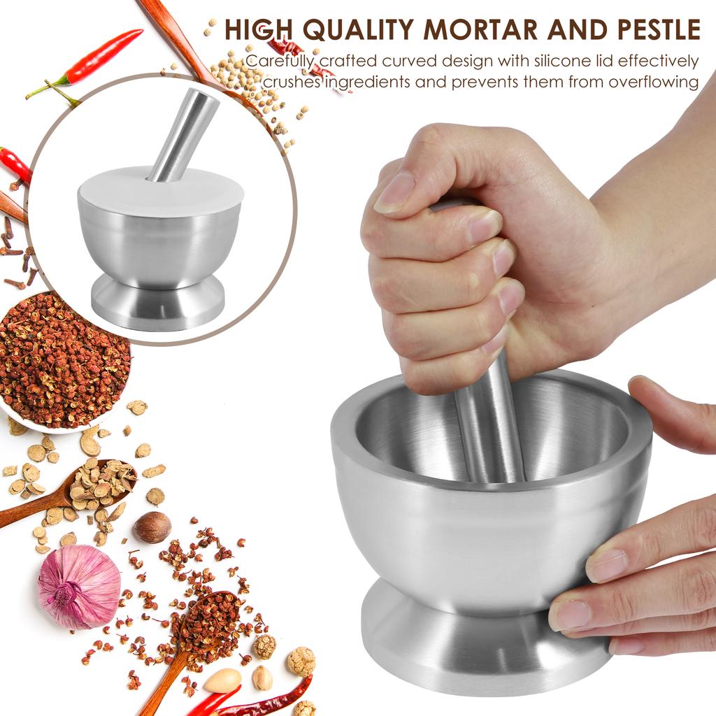 Zestaw Moździerz i Tłuczek ze Stali Nierdzewnej Wydajny Rozdrabniacz do Przypraw z Silikonową Pokrywką i Antypoślizgową Podstawą Odporny na Rdzę Rozdrabniacz do Tabletek