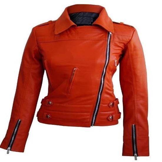 Noora Womens Lambskin Orange Leather Jacket | Stylish Motorcycle Biker Rider Jacket | Slim Fit Winter Party Jacket | Best Gift for Her