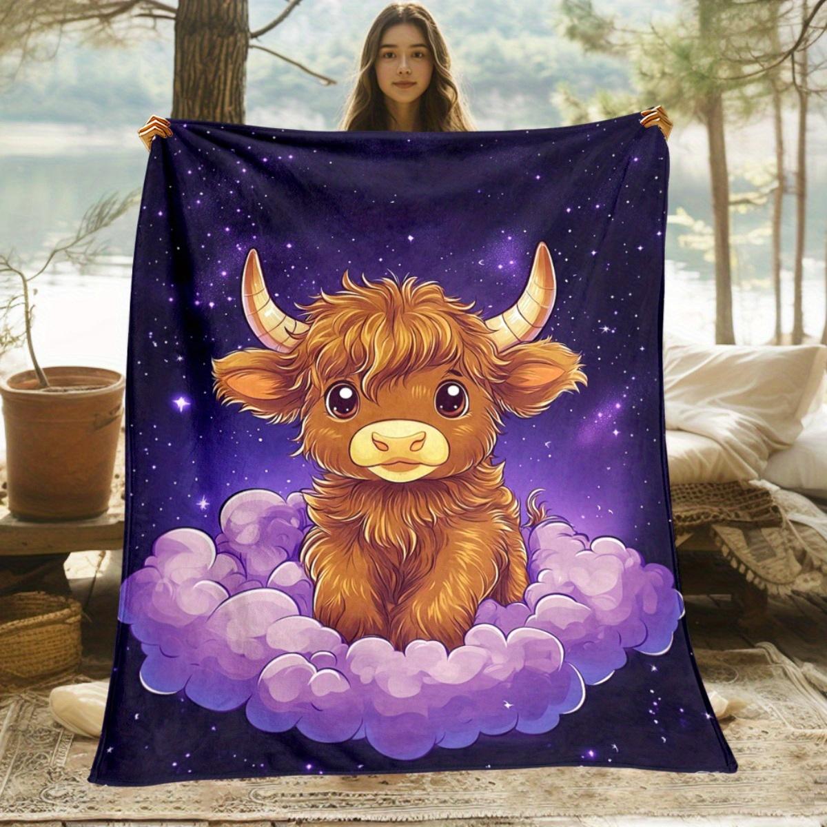 

1pc Cute cartoon bull on cloud starry night sky purple background soft flannel blanket throw blanket cozy bedroom decor 75x100cm (30x40inch)