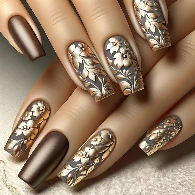 24 Pcs Medium Length Ballet Press On Nails Brown Floral Design Full Cover Detachable Fake Nails Manicure Set