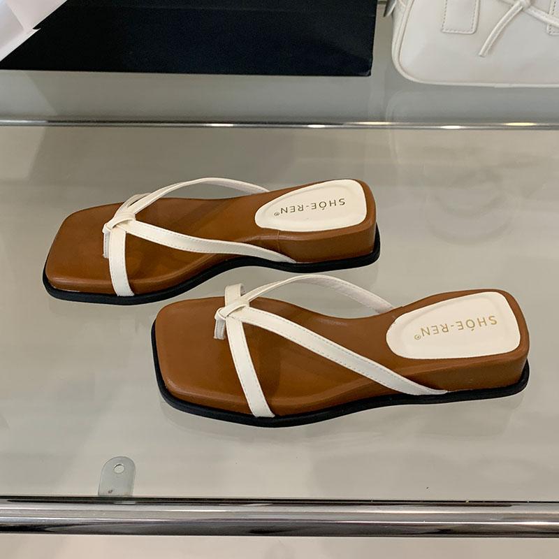 

Fashion Fashion Square Toe Ladies Low Heel Wedges Slippers Sandals Summer Beach Slides Women Wedges Slippers Shoes Female Flip flops 35 бежевый