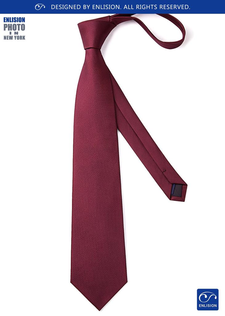 [Enlision] Men's Business Necktie - Wine Red, Geometric Pattern, Stylish Silk Necktie Set with Pocket Square, Suitable for Commuting, Meetings,