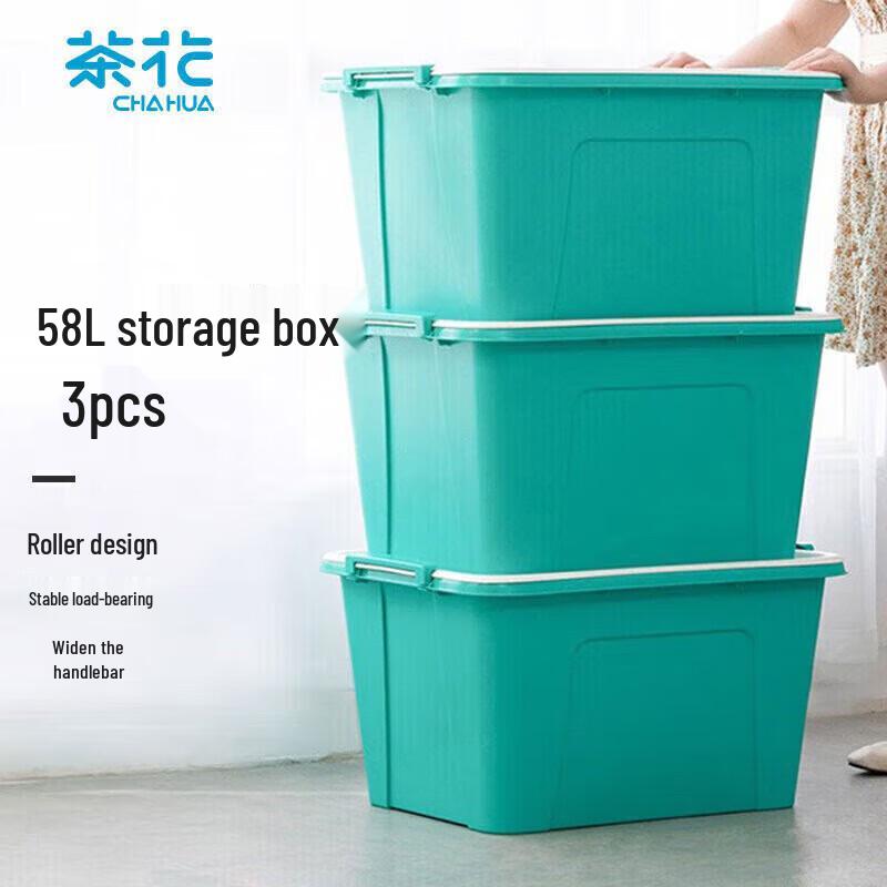 

CHAHUA 58L Plastic Clothes Quilt Storage Boxes with Wheels, 3-Pack