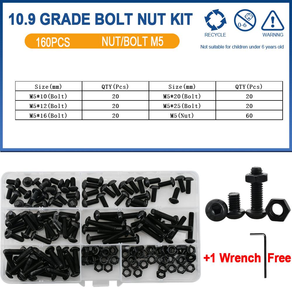 ISO7380 Allen Hexagon Hex Socket Button Round Head Screw Nut Kit M2 M3 M4 M5 M6 Black Grade 10.9 Carbon Steel Bolt Nut Set