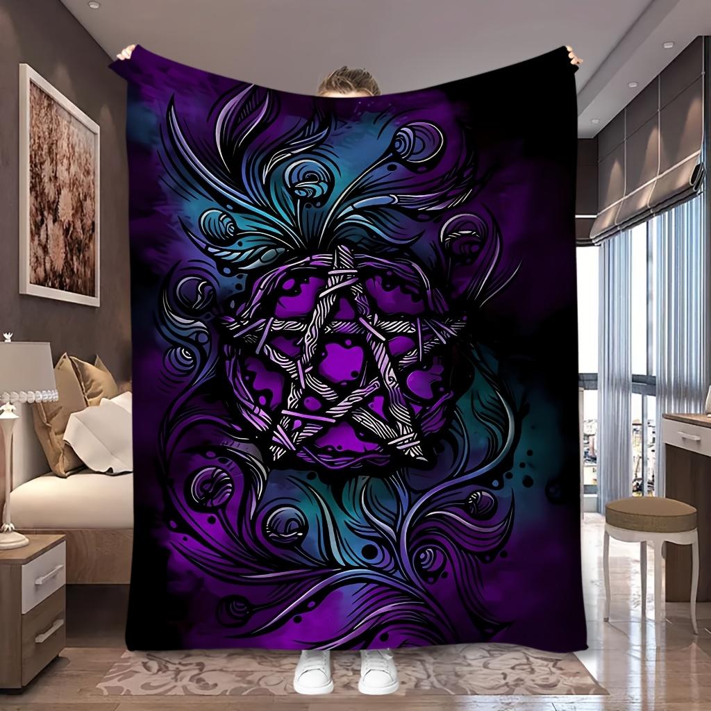 1pc Dark Purple Pentagram Swirl Gothic Print Flannel Blanket, Soft and Portable, Suitable for Blankets, Kid Bed Covers, Game Room, Bedroom and Long Tr