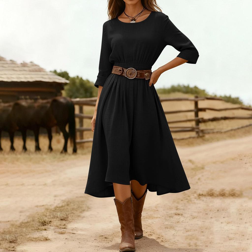 Damen Mode Rundhals Langarm Tailliert Lässig Baumwoll-Leinen-Mischung Kleid