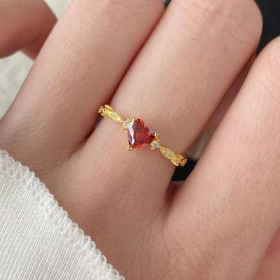 Elegant 18k Gold-Plated S925 Silver Women's Pinky Ring with Heart Garnet, Japanese Style