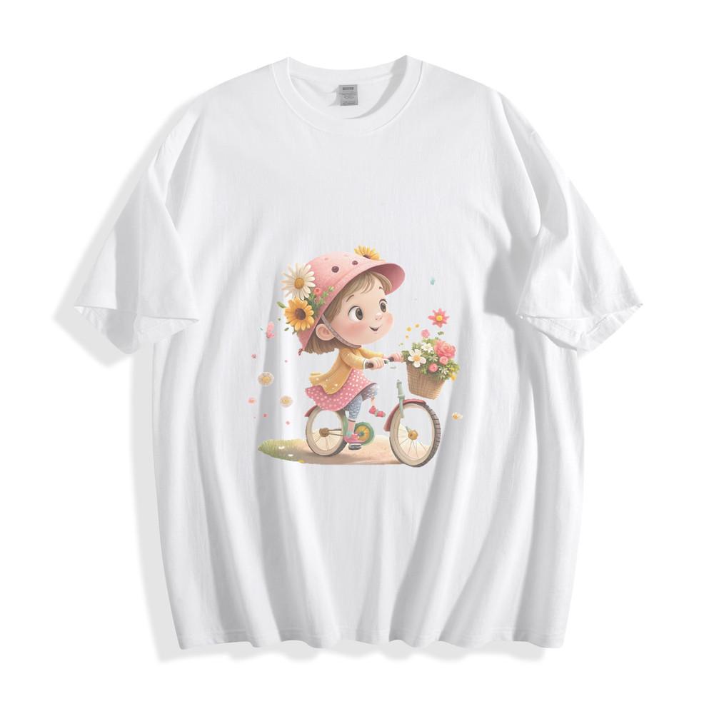 

Cute Cartoon Girl Biking with Flowers Graphic T-Shirt M