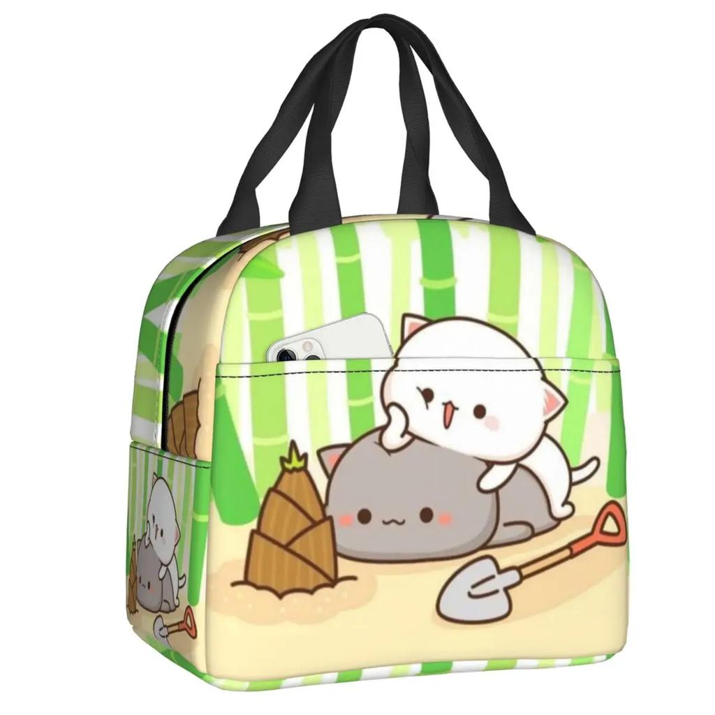 Peach and Goma Insulated Lunch Bags for Work School Picnic Cartoon Mochi Cat Leakproof Cooler Thermal Lunch Box for Women Kids