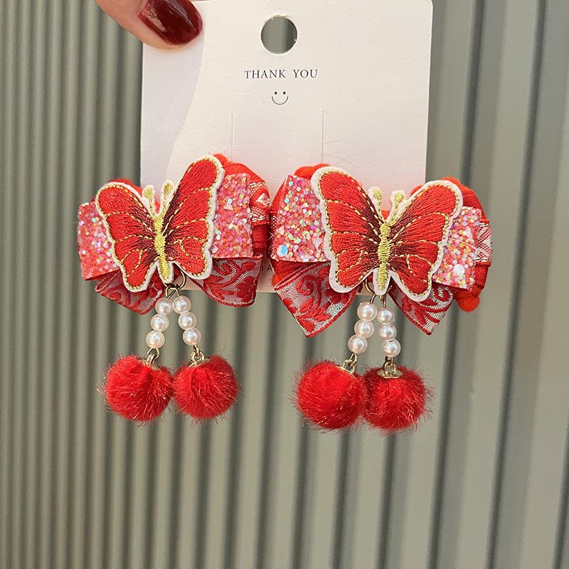 Red New Year Pearl Tassel Pompon Hair Clips for Children - Hanfu Style
