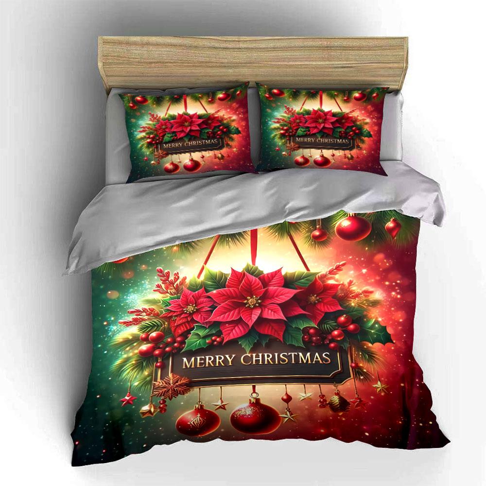 Christmas Poinsettia Decor Set Bedding Duvet Cover Set Duvet Cover Pillowcases  (1*Duvet Cover 2*Pillowcases, Without Duvet Insert)