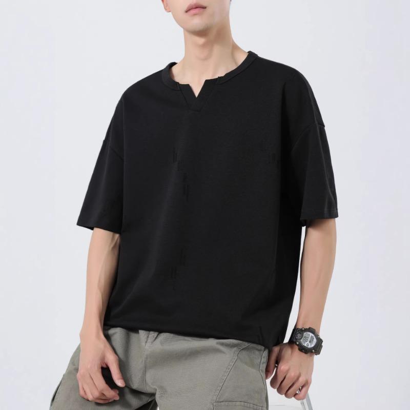 Men Notch Neck Solid T Shirt Short Sleeve Loose Casual Distressed Texture Daily Street Summer Basic Top