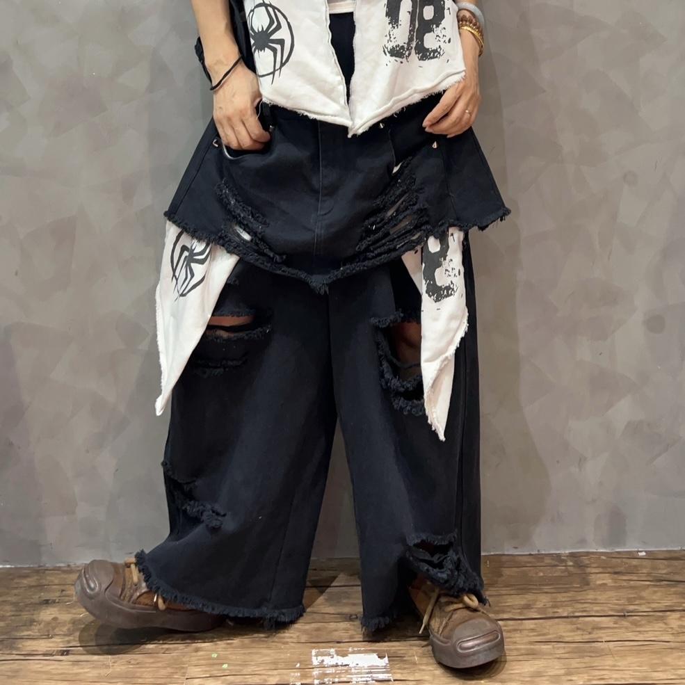 Mode Persönlichkeit Trendig Cool Loch Alt Denim Patchwork Design Sinn Jacke Locker Fake Zweiteiler Weitbeinige Hose Zweiteiliges Set