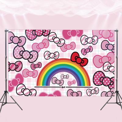 Pink Bow Tie Backdrop Birthday Decorations, Anime Hello Cat Birthday Party Banner for Girls Party Theme Supplies (Pink)