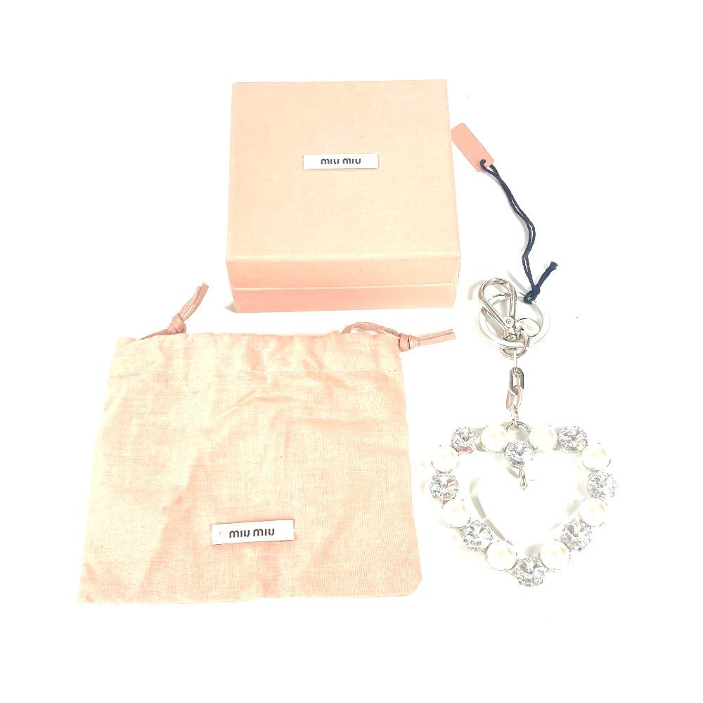 MIUMIU Rhinestone heart Bag Charm Key Holder Metal Silver