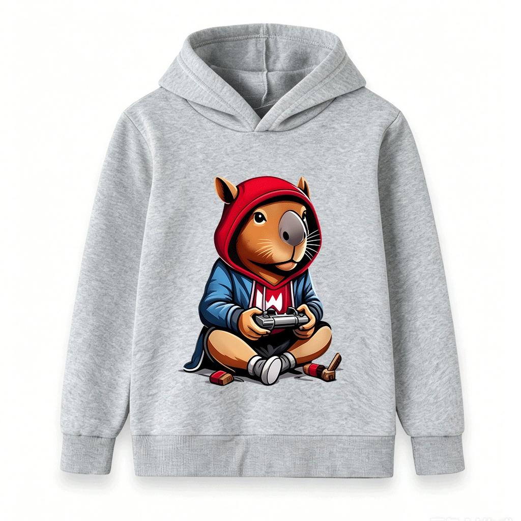 Kids Boys Girls Hoodie, Cute Gamer Capybara Print Casual Pullover Hooded Sweatshirt for Game Lovers Children Tops