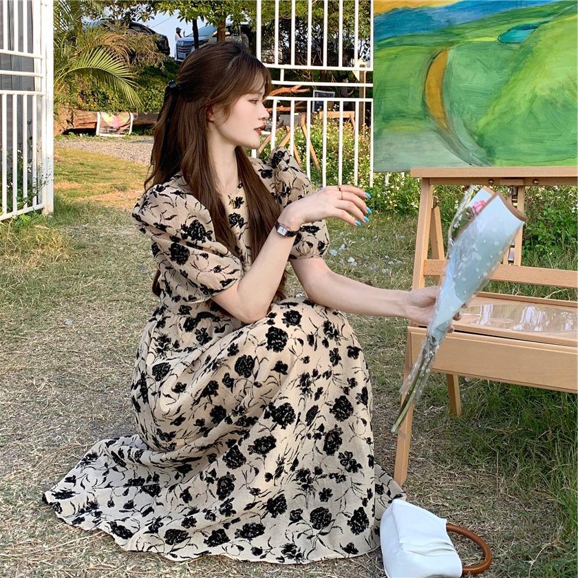 Women's French Retro Floral Puff Sleeve Dress - Summer Slim Fit, High Waist Mid-Length Skirt