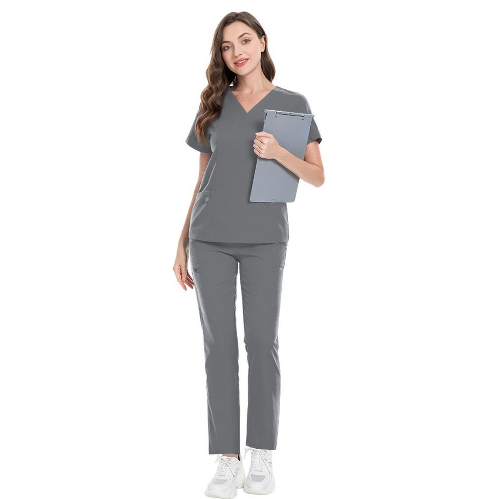 Damen Kurzarm Farb V-Ausschnitt Tasche Oberteil Hose Arbeitskleidung Zweiteiliges Set