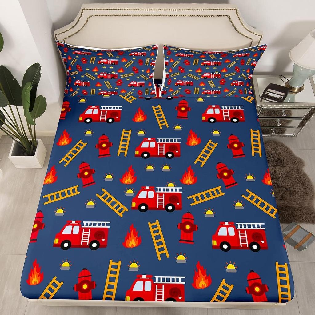 Feuerwehrauto Spannbettlaken Cartoon Auto Bettwäscheset für Jungen, Feuerwehrmann Bettlaken Set Feuerwehrmann Auto Fahrzeug Feuerwehrwagen Bettdecke