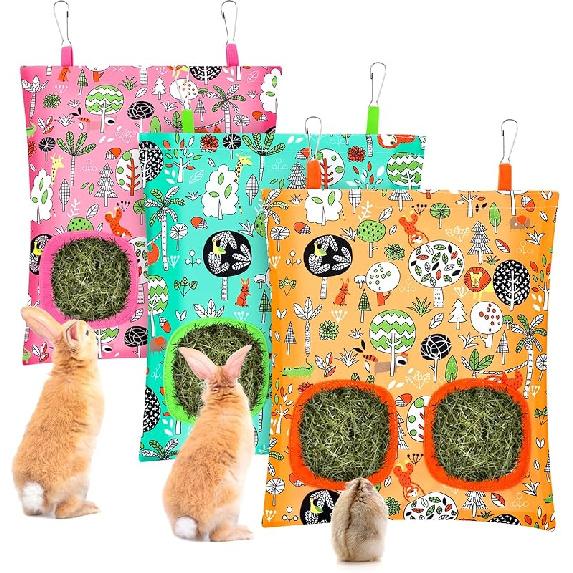 UP 3Pcs Hay Bag for Rabbits - 2-Hole Guinea Pig Hanging Hay Feeder for Rabbits, Chinchillas, Hamsters & Small Pets