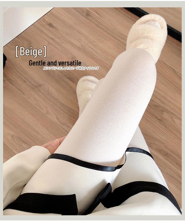 Women's High-Waist Cotton Leggings - Thick, Velvet-Lined, Stirrup Tights In Milk White & Beige for Autumn/Winter