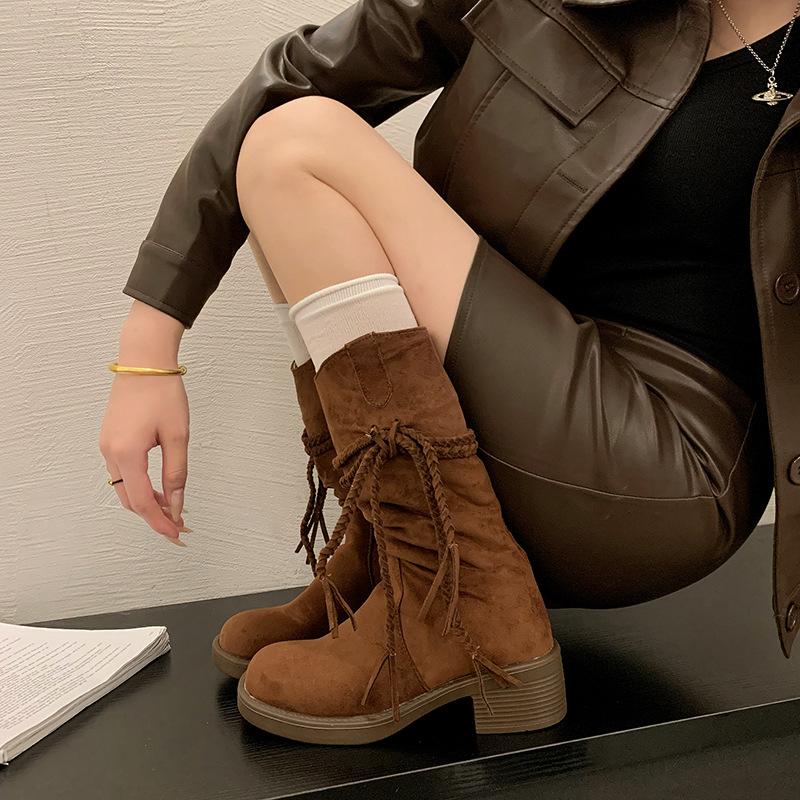 Boots women's new spring and autumn retro fringed knight boots Maillard medium boots thick-soled thick-heeled western boots women