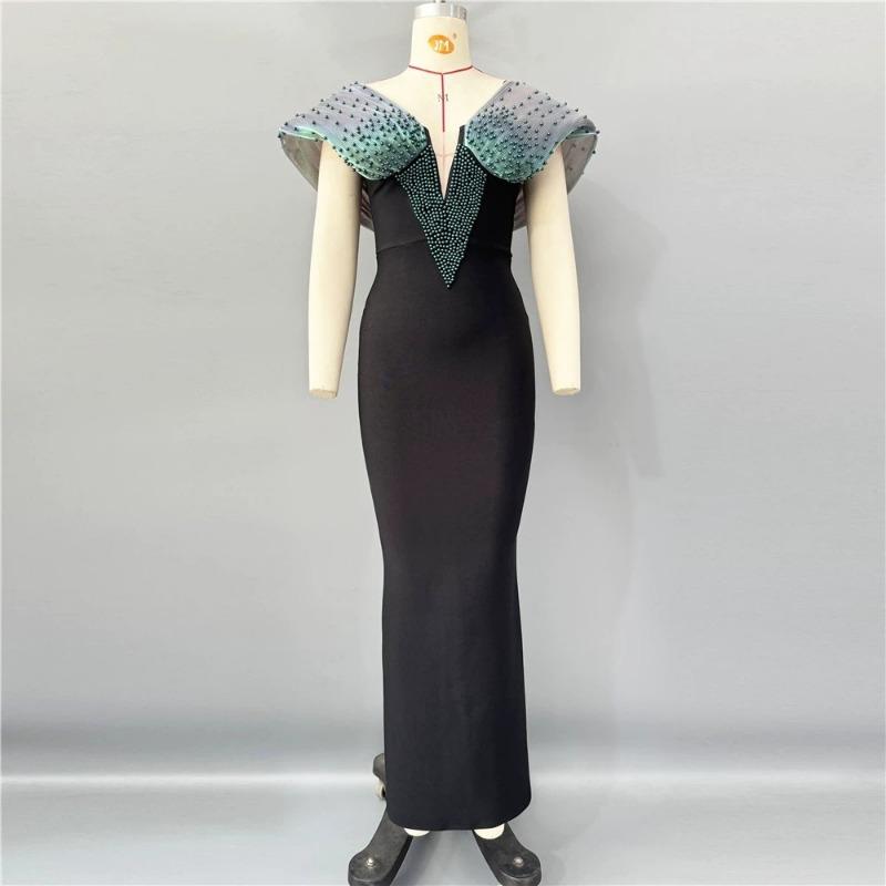 Summer New Bandage Dress Temperament Socialite Bead Waist Thin Long Hip Dress Dance Party