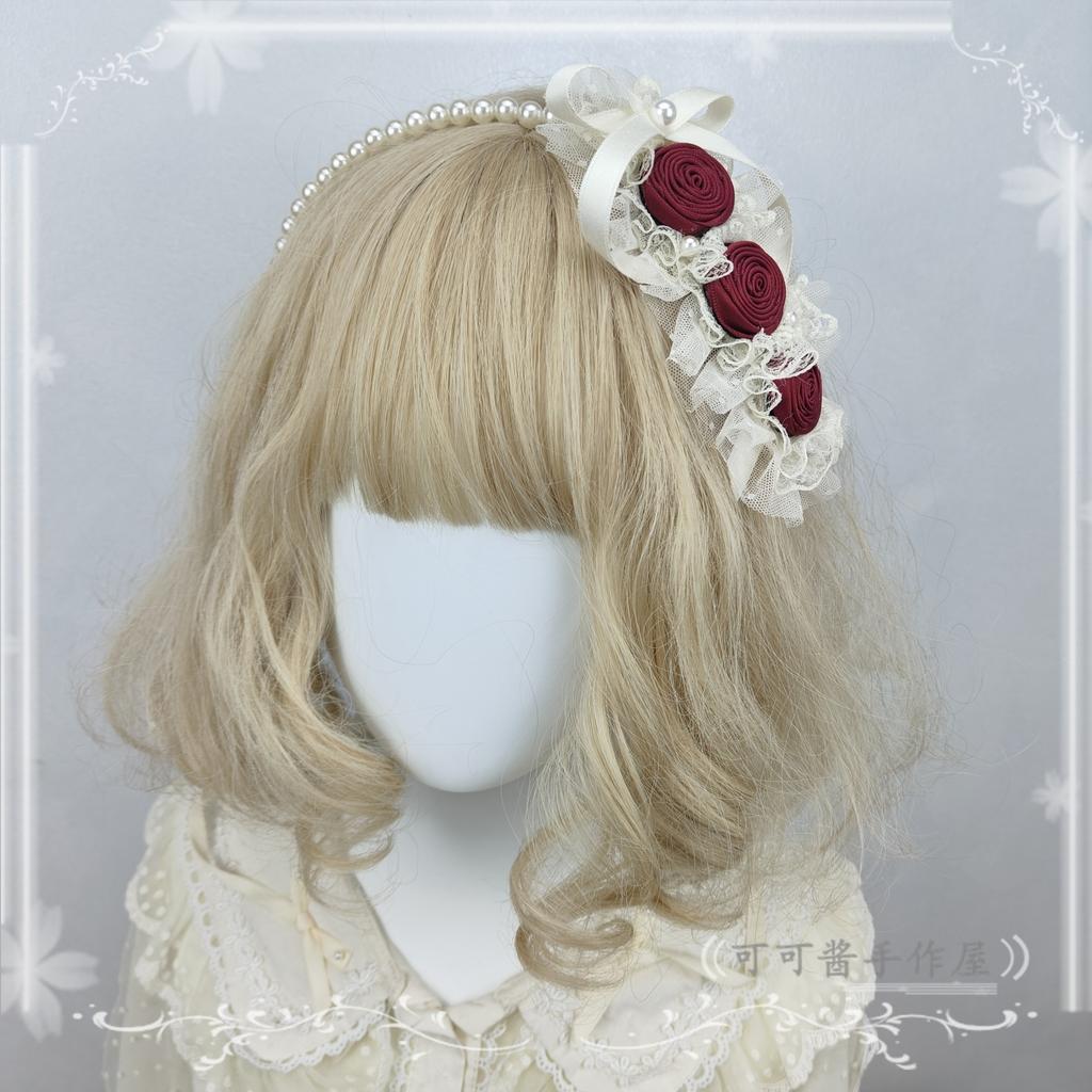 Original Handmade Ribbon Rose Headband Kc Lolita Pearl Headbands Elegant and Simple Versatile Hair Accessories for Women