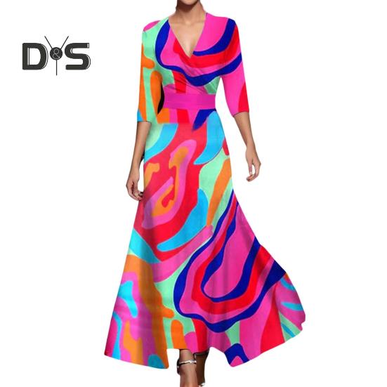 

Платье макси осень-весна с V-образным вырезом, рукавами три четверти, цветным принтом, А-силуэта, с широкими качелями, с узкой талией, для свиданий, шопинга, банкета, длинное платье XL разноцветный